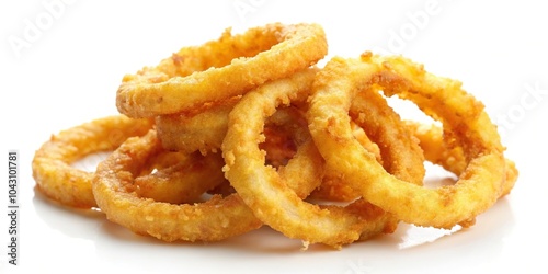 Golden fried onion rings on a white background