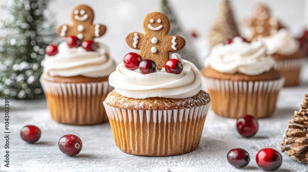 Festive gingerbread cupcakes topped with whipped cream and cranberries, perfect for holiday treats. Festive gingerbread cupcakes topped with whipped cream and cranberries, perfect for holiday treats.
