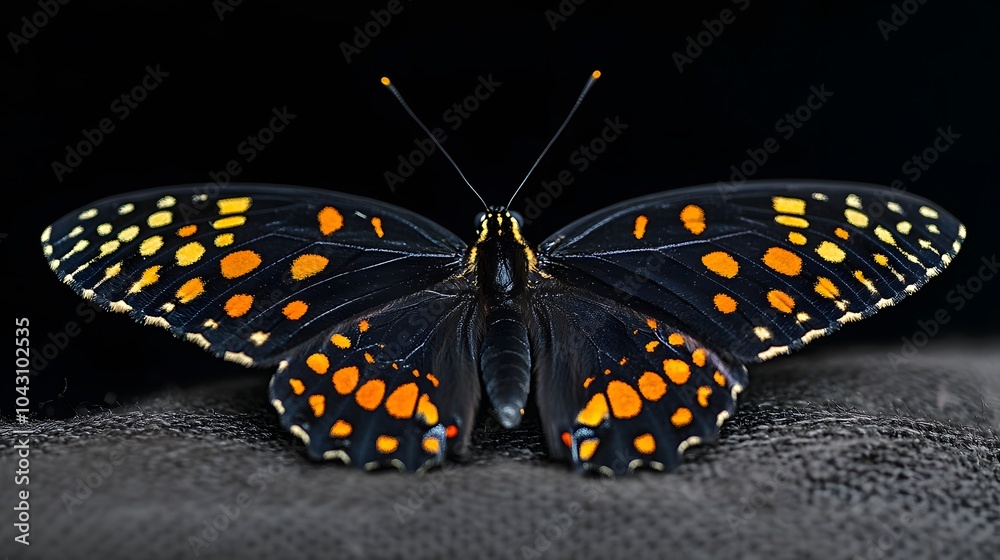 Fototapeta premium A butterfly with orange and black patterned wings, wings spread out on a dark background