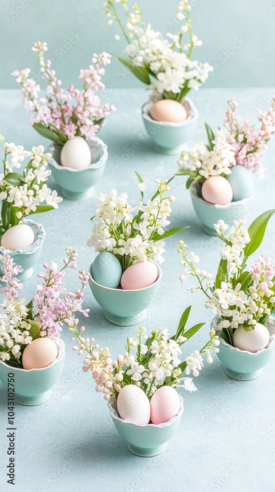 Pastel egg vases filled with lilies of the valley and lilac flowers, arranged against a blue rustic wooden background, creating a charming and fresh spring decoration. Pastel egg vases filled with lilies of the valley and lilac flowers, arranged against a blue rustic wooden background, creating a charming and fresh spring decoration.