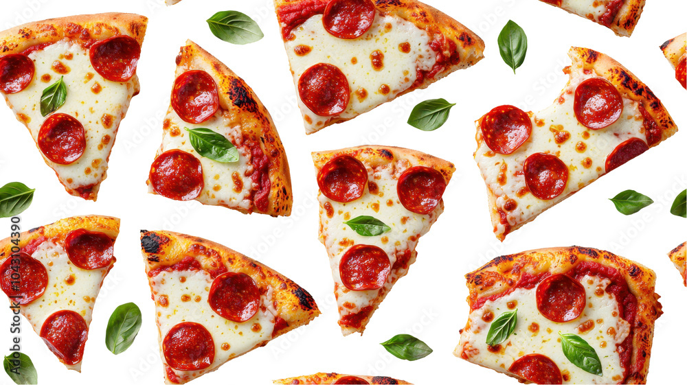 An array of delicious pepperoni pizza slices garnished with fresh basil, set against a white background. transparent background An array of delicious pepperoni pizza slices garnished with fresh basil, set against a white background. transparent background