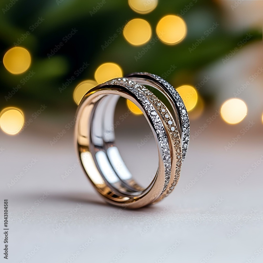Matching gold and silver diamond wedding bands with bokeh background. Matching gold and silver diamond wedding bands with bokeh background.