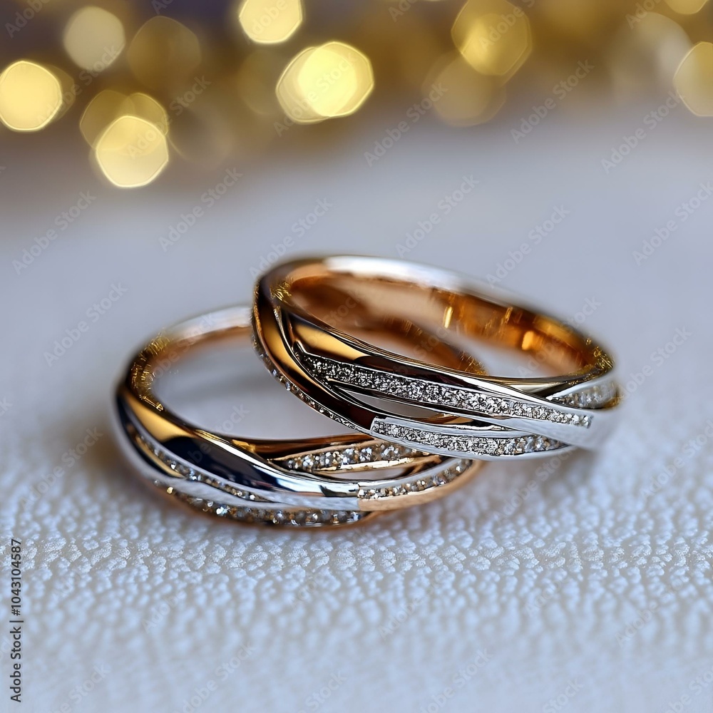 Matching gold and silver diamond wedding bands with bokeh background. Matching gold and silver diamond wedding bands with bokeh background.