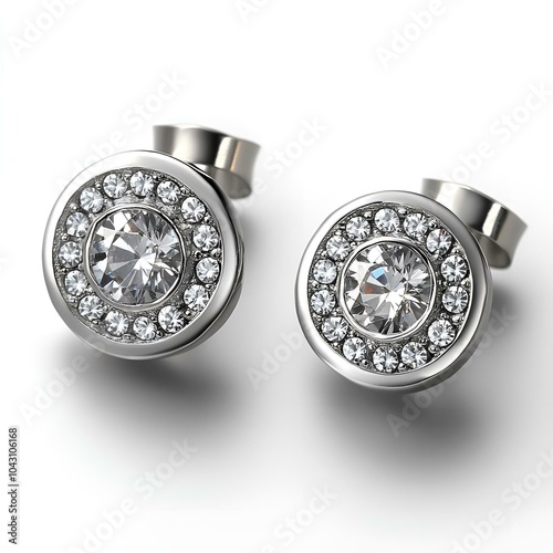 Diamond stud earrings with pavé setting on white background. photo