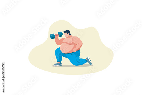Fat man doing sport exercises, cartoon vector illustration isolated on white background. Fat man getting fit. Vector illustration.