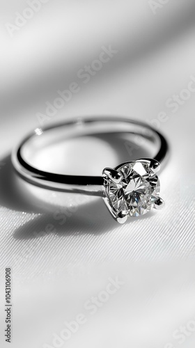  Diamond solitaire ring on white satin background.