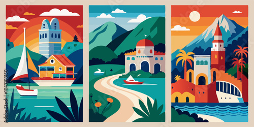 Colorful coastal and mountain landscapes for design inspiration and travel posters