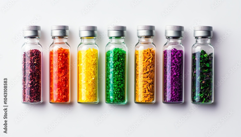 Colorful granules in glass bottles, arranged in a line on a white background, perfect for creative projects. Colorful granules in glass bottles, arranged in a line on a white background, perfect for creative projects.