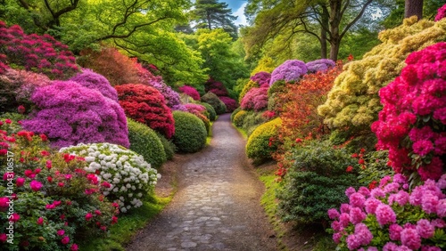 Gorgeous azeleas and rhododendron flowers along garden pathway in spring photo