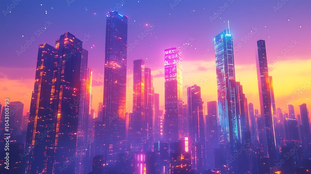 Obraz premium Neon Cityscape at Sunset
