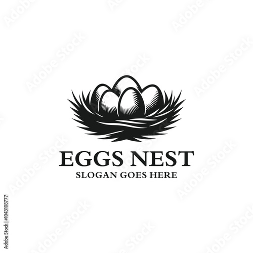 eggs arranged in a nest of straw grass logo design vintage illustration