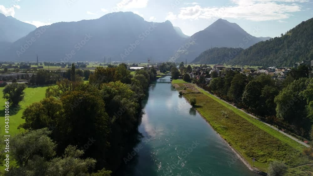 Amden city lake Walensee river diverted Switzerland, aerial mountains skyline