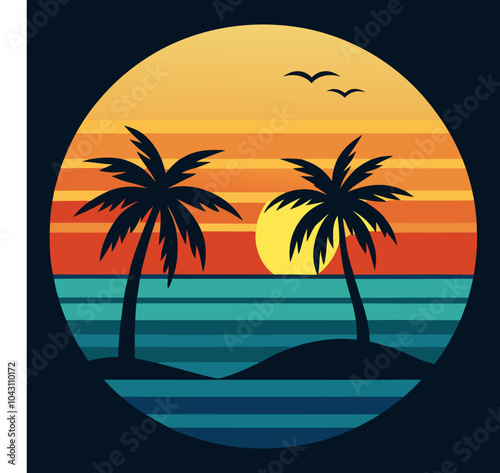 Vintage retro sunset with coconut tree with flying bird vector, Tropical palm tree sunset vector, and Hawaii beach palm tree vector.