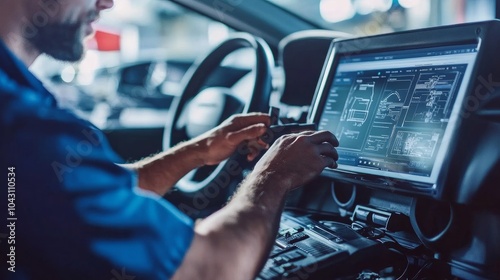 A car mechanic or service manager is using an advanced computer to run interactive diagnostic software. A specialist examines the car to look for errors in the data logs and damaged parts.