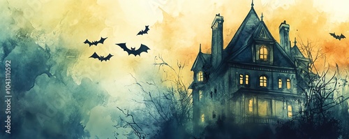 Watercolor haunted house with bats flying around, framed with a soft glow, and an open space for text