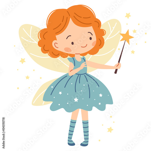 Flat vector illustration in children's style. Cute fairy princess with magic wand on white background . Vector illustration