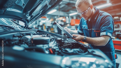 A car mechanic or service manager is using an advanced computer to run interactive diagnostic software. A specialist examines the car to look for errors in the data logs and damaged parts.