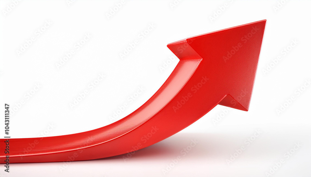 Red glossy arrow pointing upwards isolated on white background. Direction guide. Red glossy arrow pointing upwards isolated on white background. Direction guide.