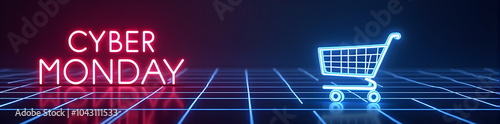 Cyber Monday glowing neon sing on a dark background. Big sale advertisement online, holiday shopping discount poster horizontal banner.