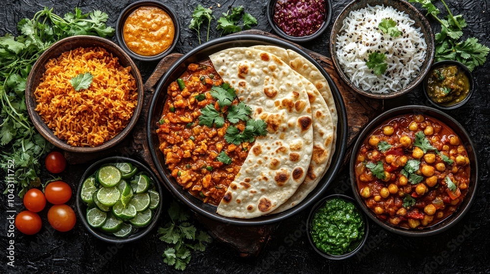 Indian naan bread served with chickpea curry, spiced potatoes, rice, and fresh salad sides Generative AI Indian naan bread served with chickpea curry, spiced potatoes, rice, and fresh salad sides Generative AI