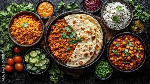 Indian naan bread served with chickpea curry, spiced potatoes, rice, and fresh salad sides Generative AI