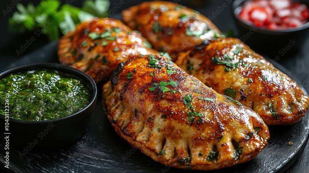 Golden empanadas garnished with cilantro served with chimichurri sauce on a black slate Generative AI Golden empanadas garnished with cilantro served with chimichurri sauce on a black slate Generative AI