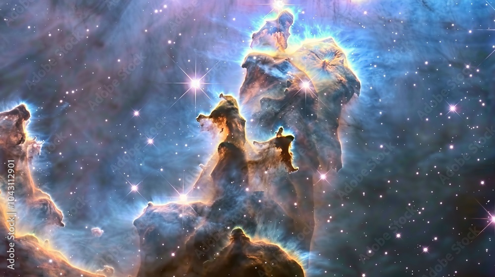 Naklejka premium Illustration of a space cosmic background of supernova nebula and stars, glowing mysterious universe