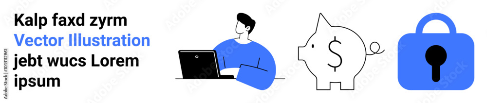 Person working on a laptop, a piggy bank with a dollar sign, and a blue padlock. Ideal for online security and savings, personal finance, digital banking, financial planning, and data protection Person working on a laptop, a piggy bank with a dollar sign, and a blue padlock. Ideal for online security and savings, personal finance, digital banking, financial planning, and data protection