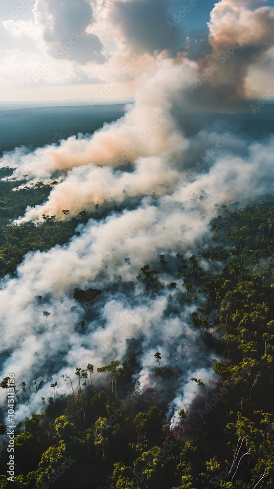 Fototapeta premium Aerial view of smoke rising from a burning rainforest, with dense trees in the background