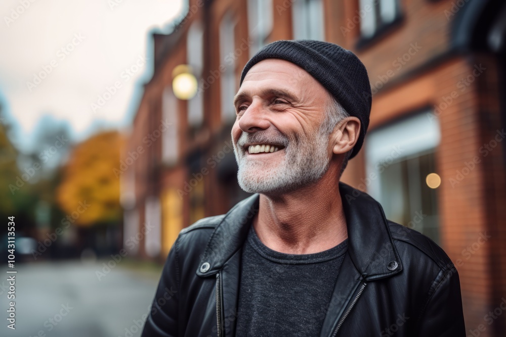 Portrait of a happy senior man with a gray beard in a black leather jacket. Portrait of a happy senior man with a gray beard in a black leather jacket.
