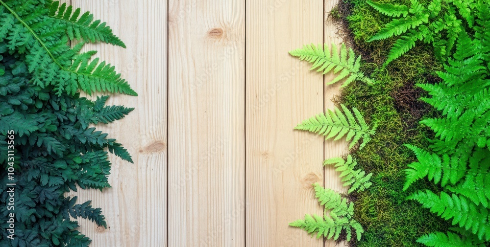 A serene arrangement of ferns on wooden planks, showcasing nature's beauty and tranquility. A serene arrangement of ferns on wooden planks, showcasing nature's beauty and tranquility.