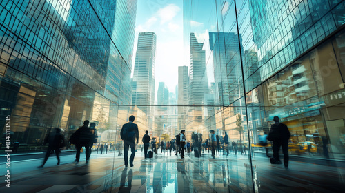 Office workers walking between tall buildings in the city