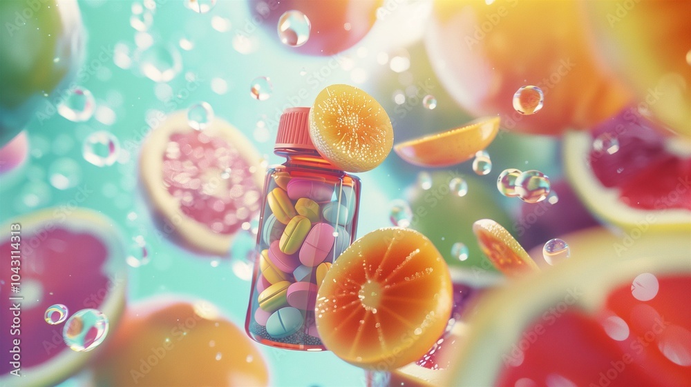 Hyperrealistic 4K image of a vitamin bottle surrounded by vibrant fresh fruit slices Hyperrealistic 4K image of a vitamin bottle surrounded by vibrant fresh fruit slices