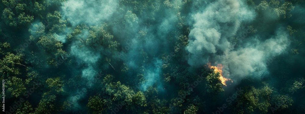 Aerial view of smoke rising from a burning rainforest, with dense trees in the background Aerial view of smoke rising from a burning rainforest, with dense trees in the background