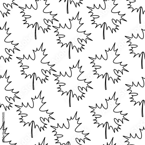 Maple leaf. Sketch. Seamless vector pattern. Emblem of Canada. Outline on an isolated white background. Doodle style. Endless ornament of leaves. The shape of the leaf is crown-shaped. 