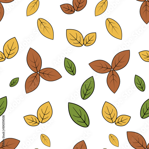 Autumn leaves. Seamless vector pattern. Part of a tree with veins. Oval-shaped herbarium leaves. Isolated colorless background. Endless ornament of multi-colored leaves. 