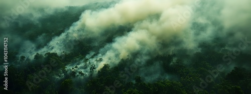 Aerial view of smoke rising from a burning rainforest, with dense trees in the background