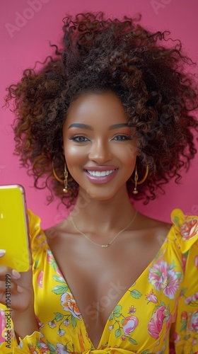 Woman in Yellow Outfit Holding Cell Phone