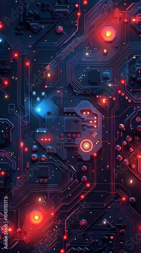 Computer Circuit Board With Red and Blue Lights