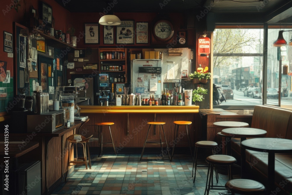 Obraz premium Inviting Coffee Shop Interior with Cozy Atmosphere and Urban Aesthetic