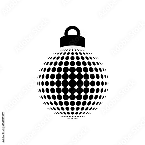 Decoración de Navidad. Logo con silueta de bola de navidad en espacio negativo con semitono de puntos para tarjetas y felicitaciones