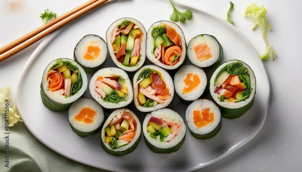 Sushi Burritos on white background top view Sushi Burritos on white background top view