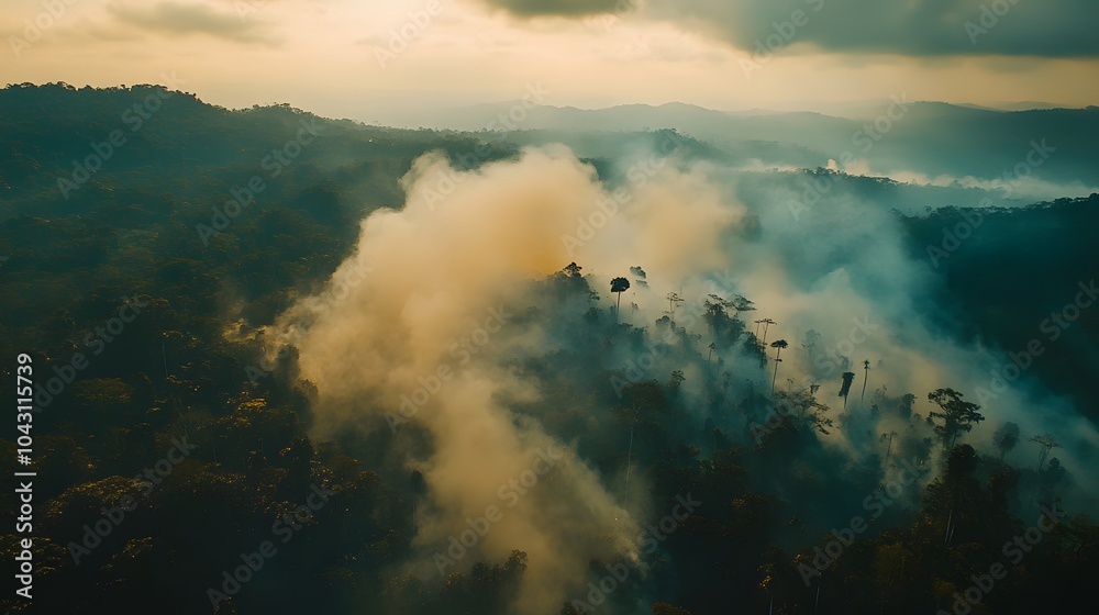 Fototapeta premium Aerial view of smoke rising from a burning rainforest, with dense trees in the background