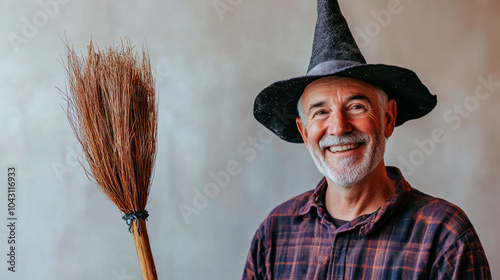 An elderly White man wearing a witch hat smiles broadly while holding a broomstick. The cheerful atmosphere hints at Halloween celebrations creating a lighthearted and festive vibe photo