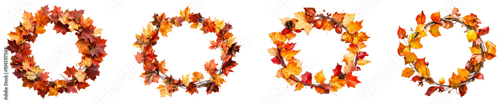 Autumn wreaths made of colorful leaves in vibrant fall hues. Set of png on transparent background Autumn wreaths made of colorful leaves in vibrant fall hues. Set of png on transparent background