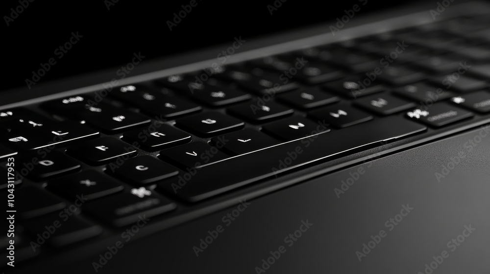 Close up of a black laptop keyboard with white keys. Close up of a black laptop keyboard with white keys.