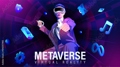 Innovative VR Experience 3D Virtual World Artwork for Gaming, Technology, and Metaverse-Vector illustration