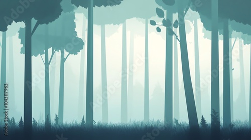 Misty forest landscape with tall trees.