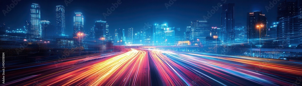 Obraz premium Dynamic Night Cityscape with Vibrant Light Trails and Illuminated Skyscrapers in a Modern Urban Setting