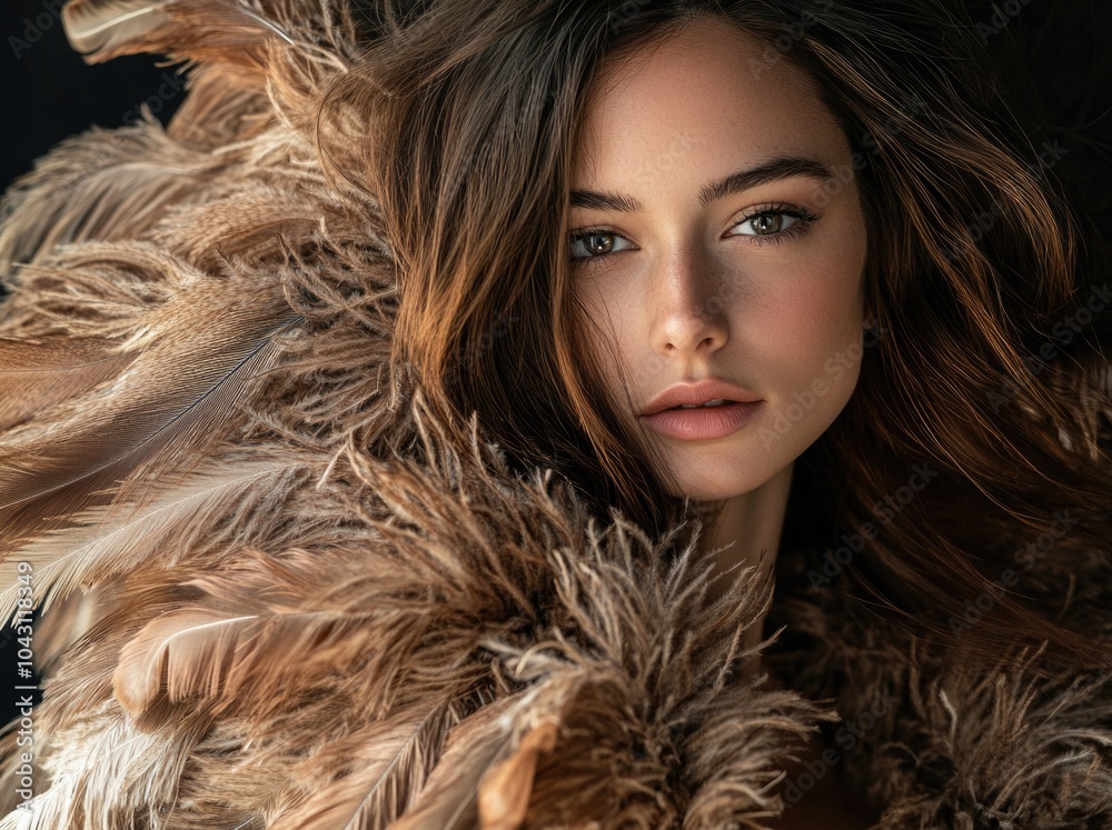 A beautiful woman wearing an oversized brown fur coat with feathers, posing for the camera. A beautiful woman wearing an oversized brown fur coat with feathers, posing for the camera.